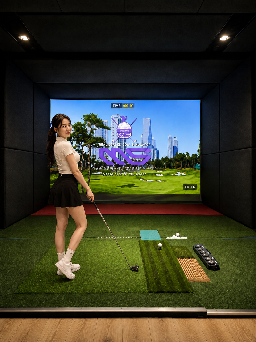 Golfer swinging inside a screen golf simulator bay at Bergen Screen Golf